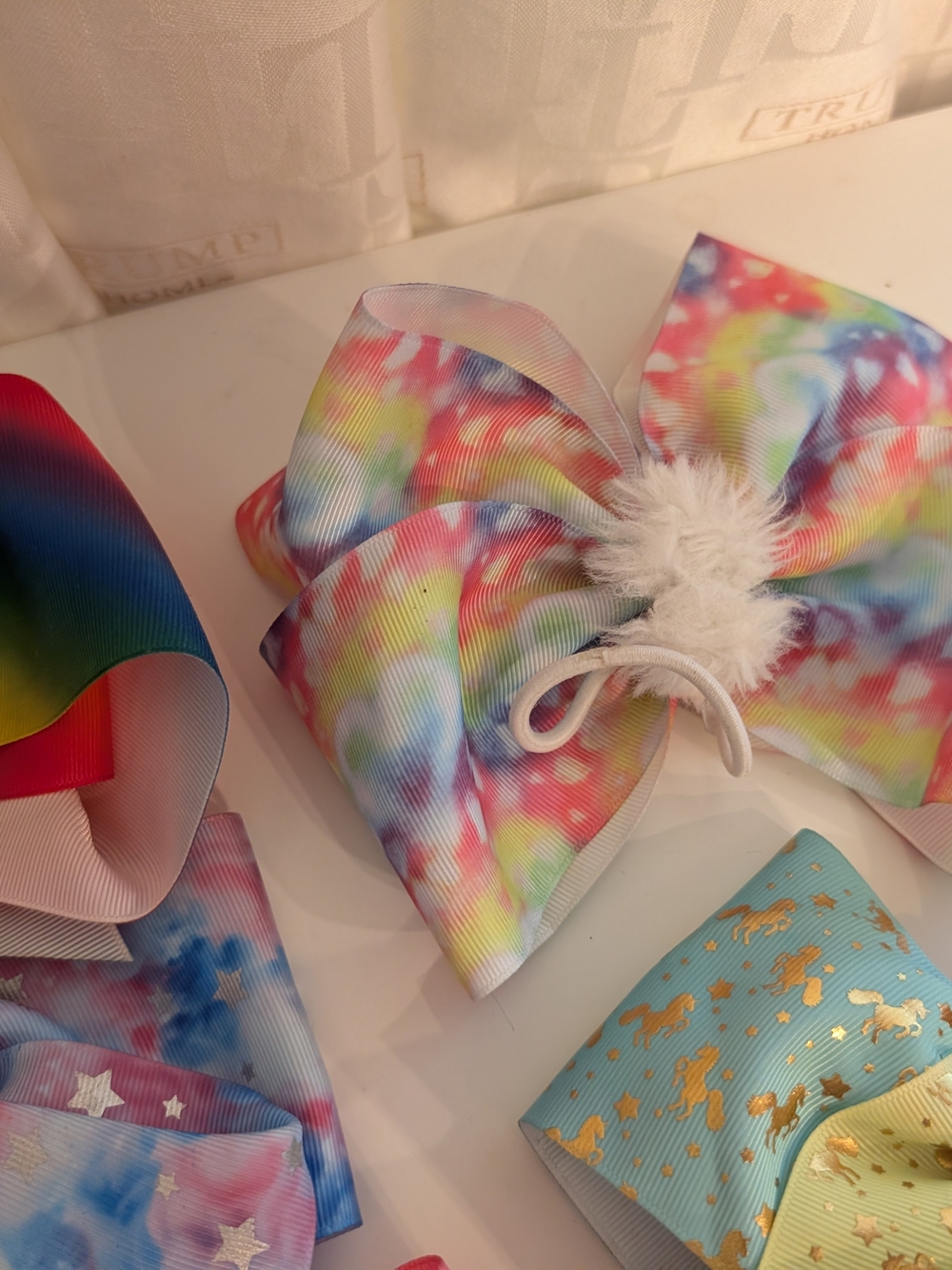 Kids And Preschool Large Rainbow Tie-Dye Hair Bows with White Pom Accent LGBTQ